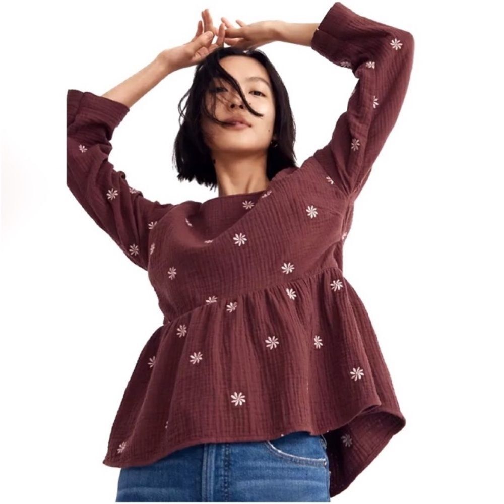 Madewell Cotton Gauze Floral Embroidered Flare Top Blouse NWT S Burgundy